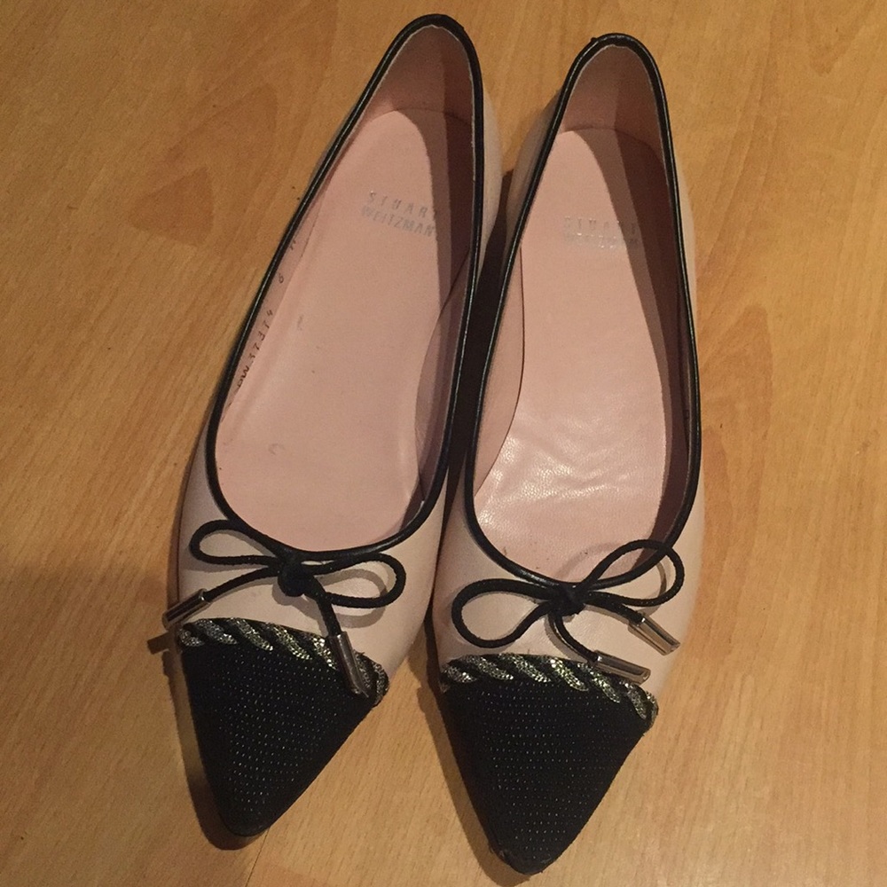 Stuart Weitzman Pink and Black Pointed Toe Ballet Flats